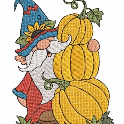 Machine Embroidery Gnome With Pumpkins