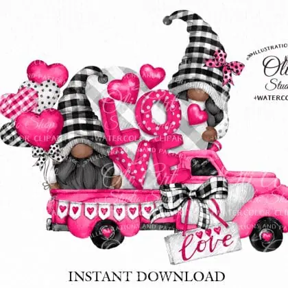 Watercolor Valentine's Day clipart, Pink Truck, Gnomes