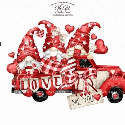 Watercolor Valentine's Day clipart, Red Truck, Gnomes