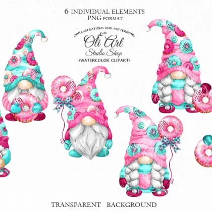 Watercolor Gnome donuts, Sweet pink gnomes clipart