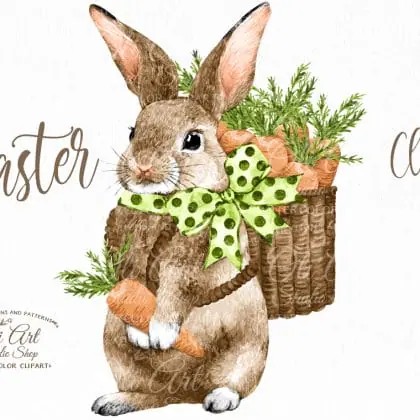 Watercolor Easter clipart, Cute wreath, bunny, easter eggs carrot