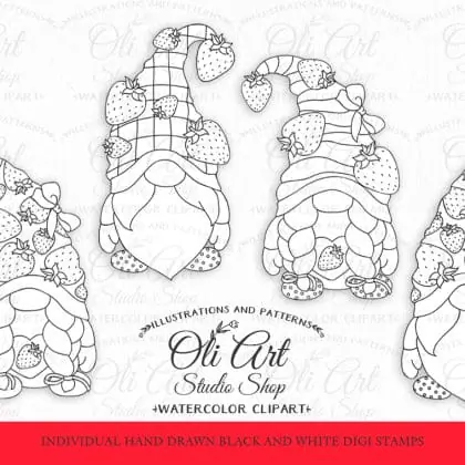Strawberry gnome digital gnome stamps black and white line art.