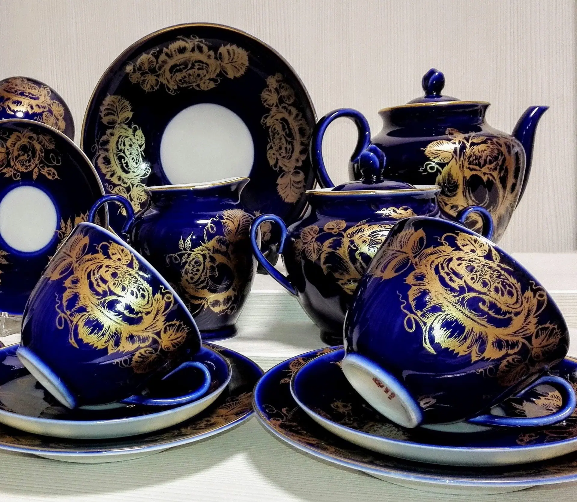 Vintage Gold Cobalt Blue Lomonosov Set.Soviet Blue Porcelain LFZ