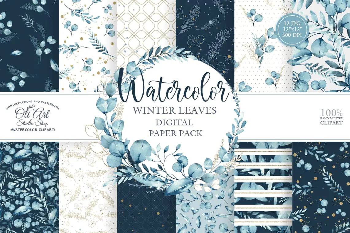 Watercolor winter leavesDigital seamless pattern clipart