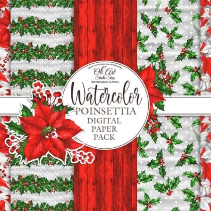 Christmas digital paper pack. Watercolor poinsettia