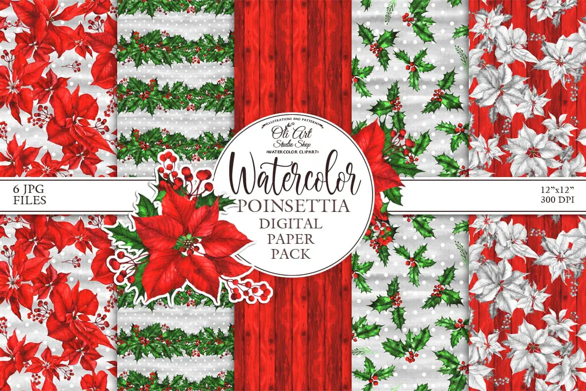Christmas digital paper pack. Watercolor poinsettia 1 Christmas digital paper pack. Watercolor poinsettia