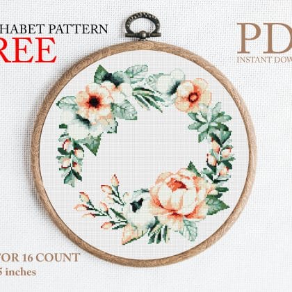 Wreath peonies cross stitch pattern