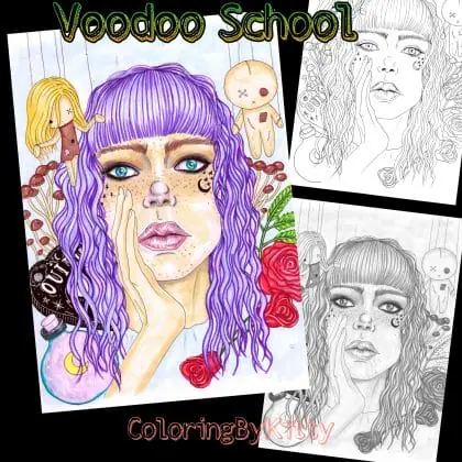 A digital coloring page “Voodoo School” by ColoringByKitty