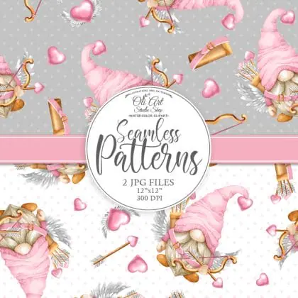 Download Seamless patterns. Valentine’s Day, Pink cupid Gnome.