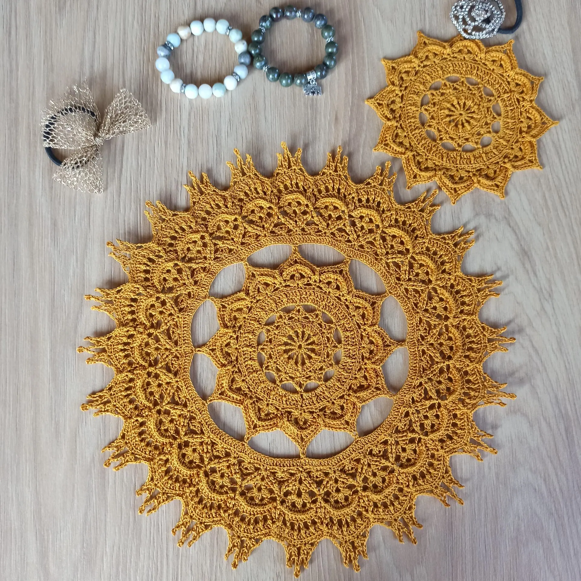 Textured relief interior doily Kalmia mustard (golden) color