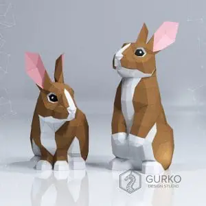 Two Rabbits Papercraft, Pdf, Gurko, Pepakura, Low Poly, Template