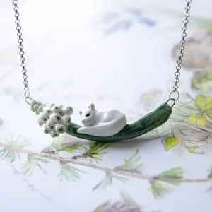 Whimsical Ceramic White Cat on Flower Necklace, Cute Cat Pendant