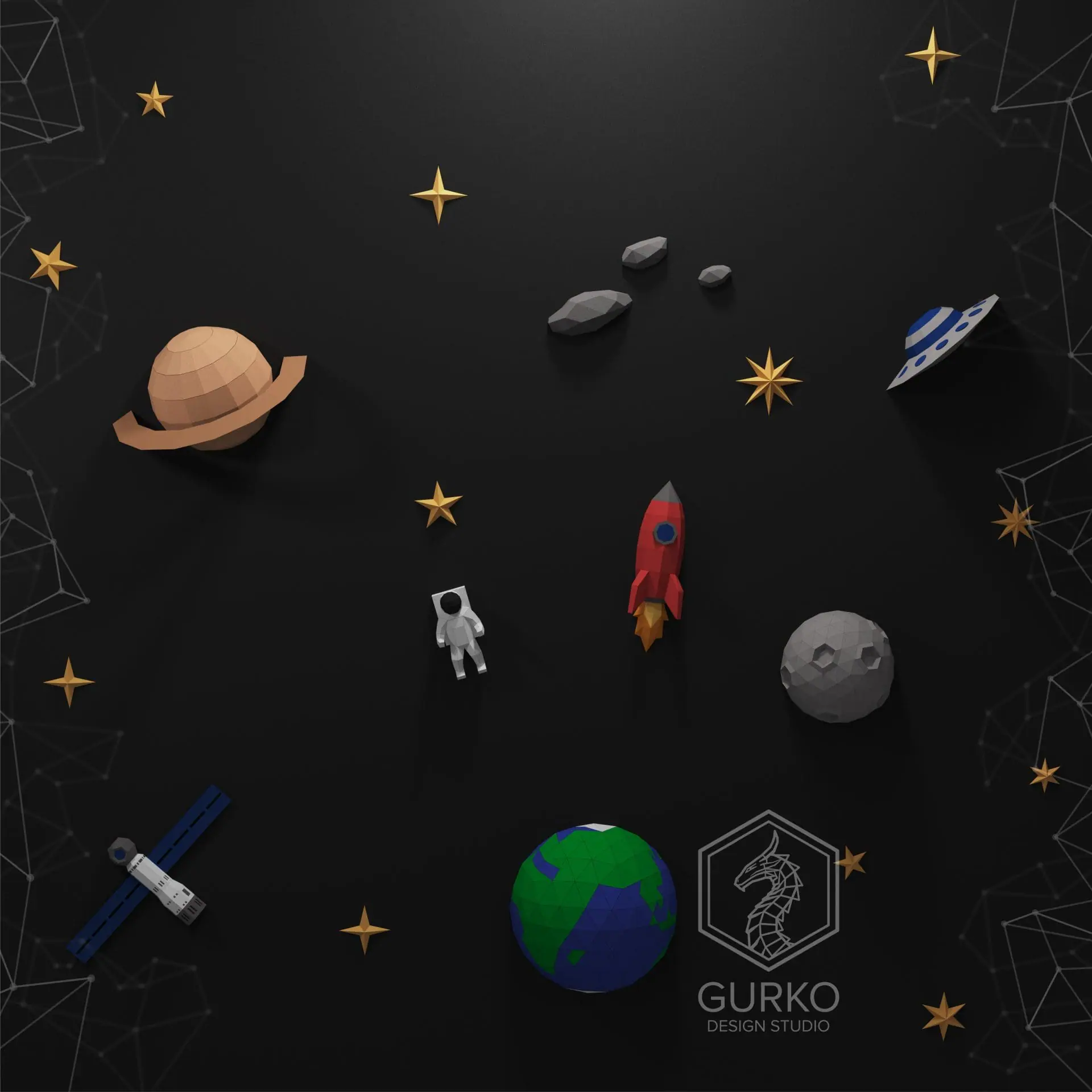 Space Papercraft, Pdf, Gurko, Pepakura, Low Poly, Template, DIY