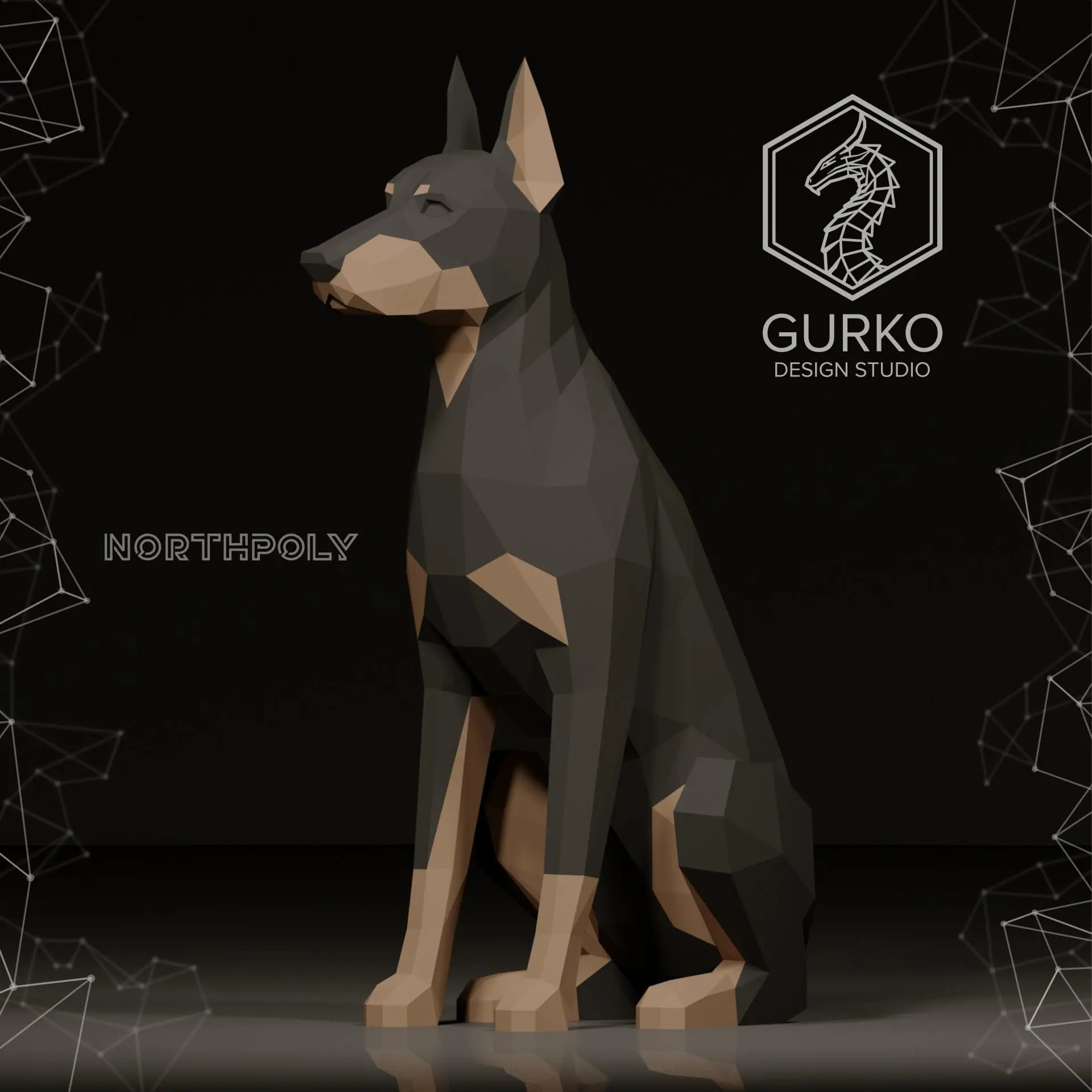 Seated Doberman Papercraft, Dog, Pdf, Gurko, Pepakura, Low Poly