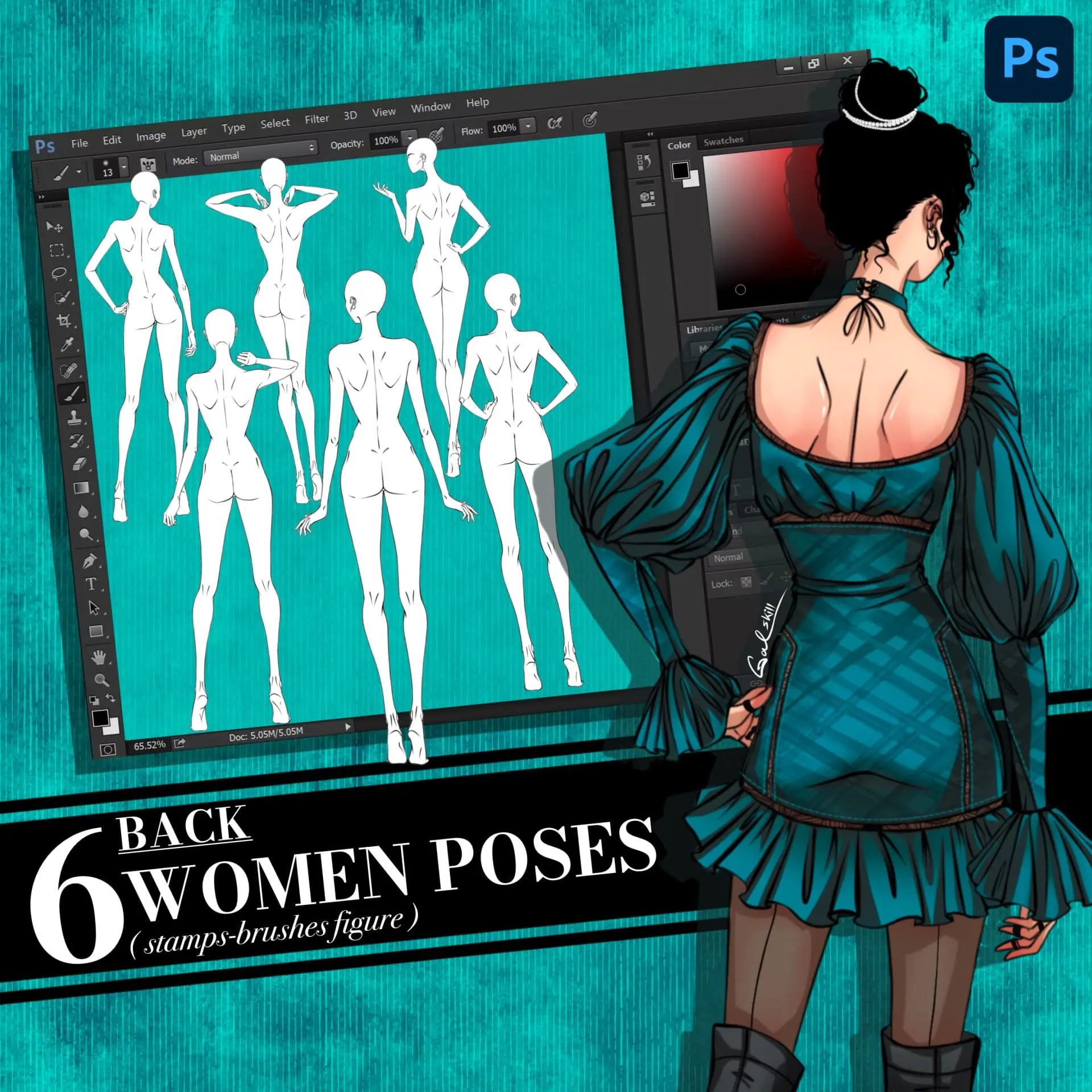 Photoshop brush, Body poses of female figure, set Back