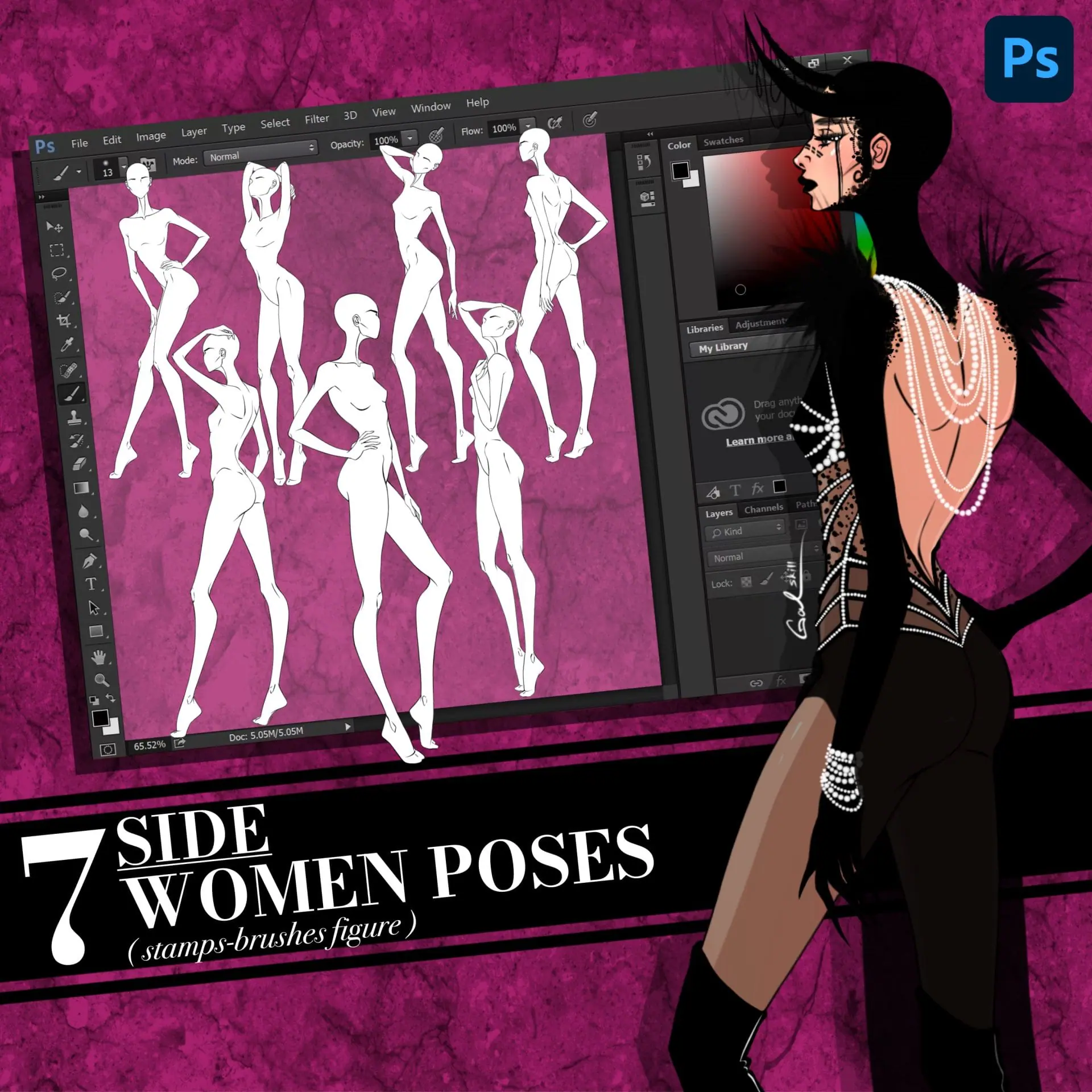 Photoshop brush, Body poses of female figure, set Side
