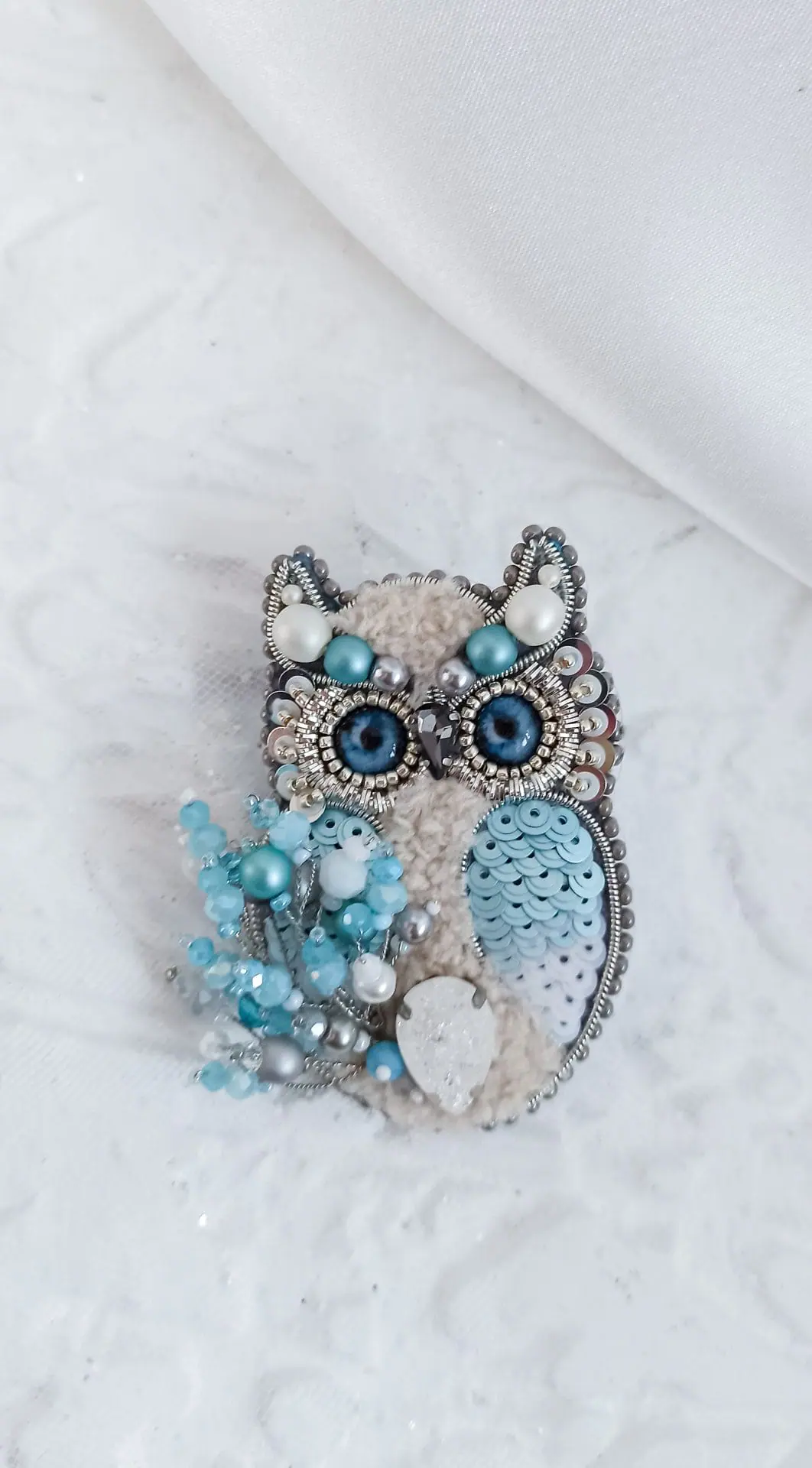 Owl Brooch sky blue color handmade