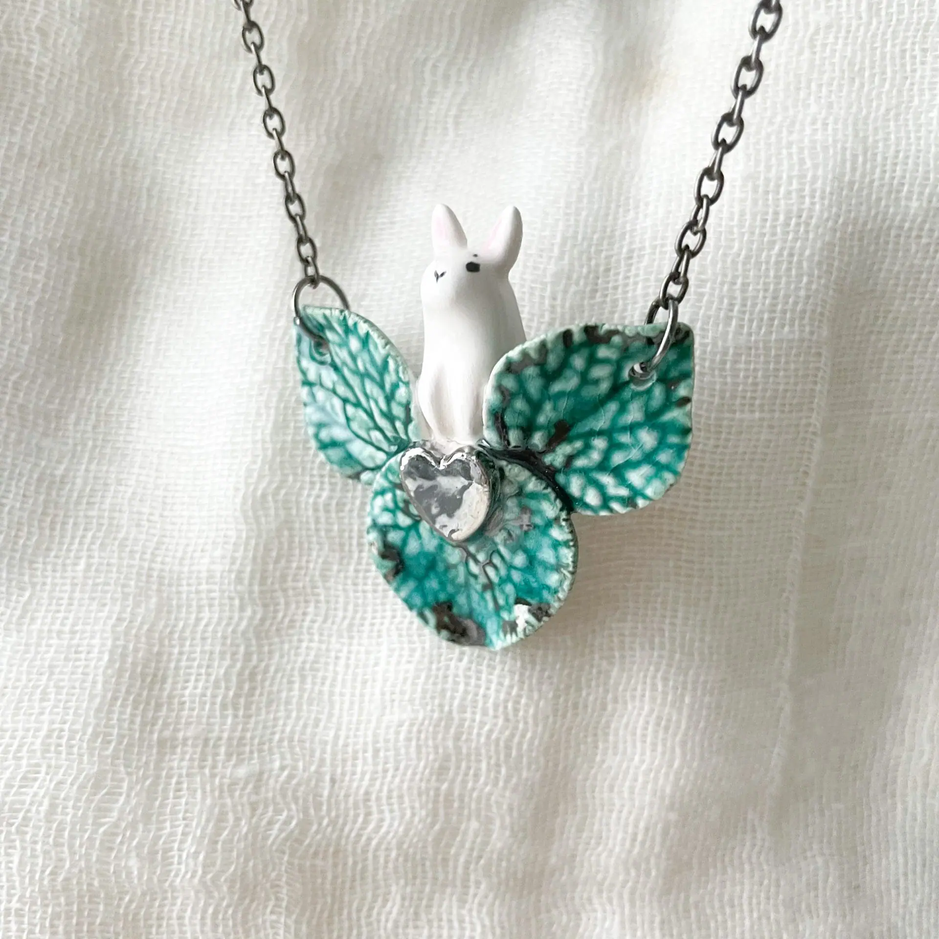 Cute ceramic Bunny and Leaves necklace Whimsical pendant 2 Cute ceramic Bunny and Leaves necklace Whimsical pendant - Image 2
