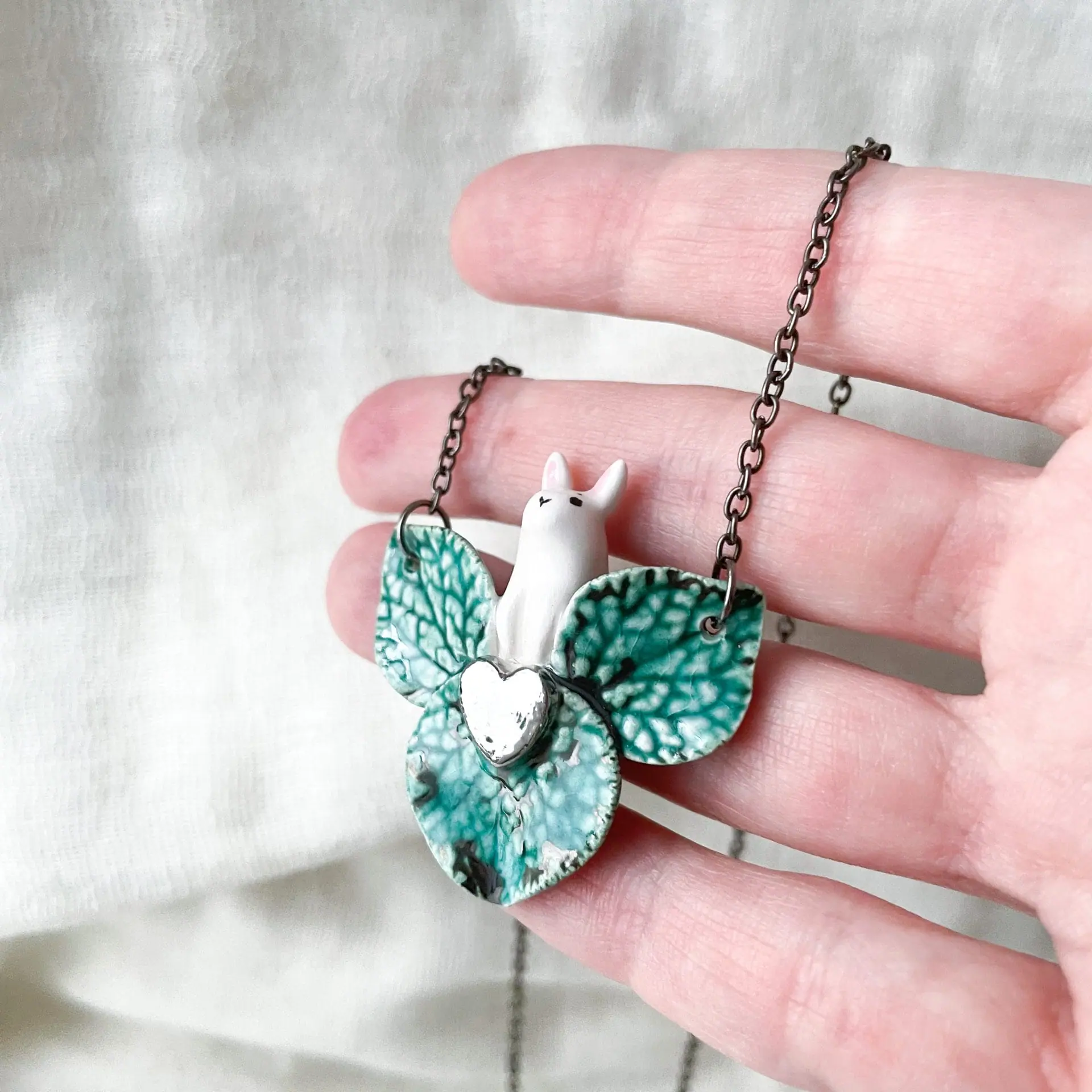 Cute ceramic Bunny and Leaves necklace Whimsical pendant 3 Cute ceramic Bunny and Leaves necklace Whimsical pendant - Image 3