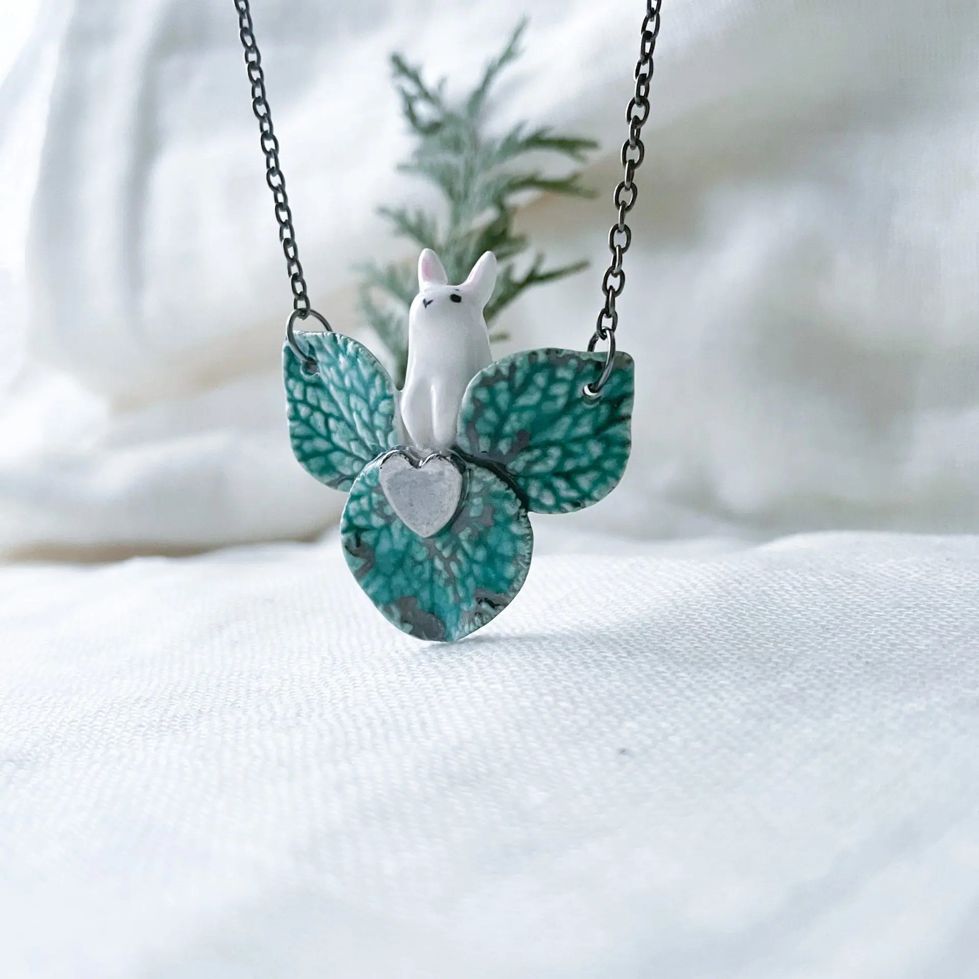 Cute ceramic Bunny and Leaves necklace Whimsical pendant 4 Cute ceramic Bunny and Leaves necklace Whimsical pendant - Image 4