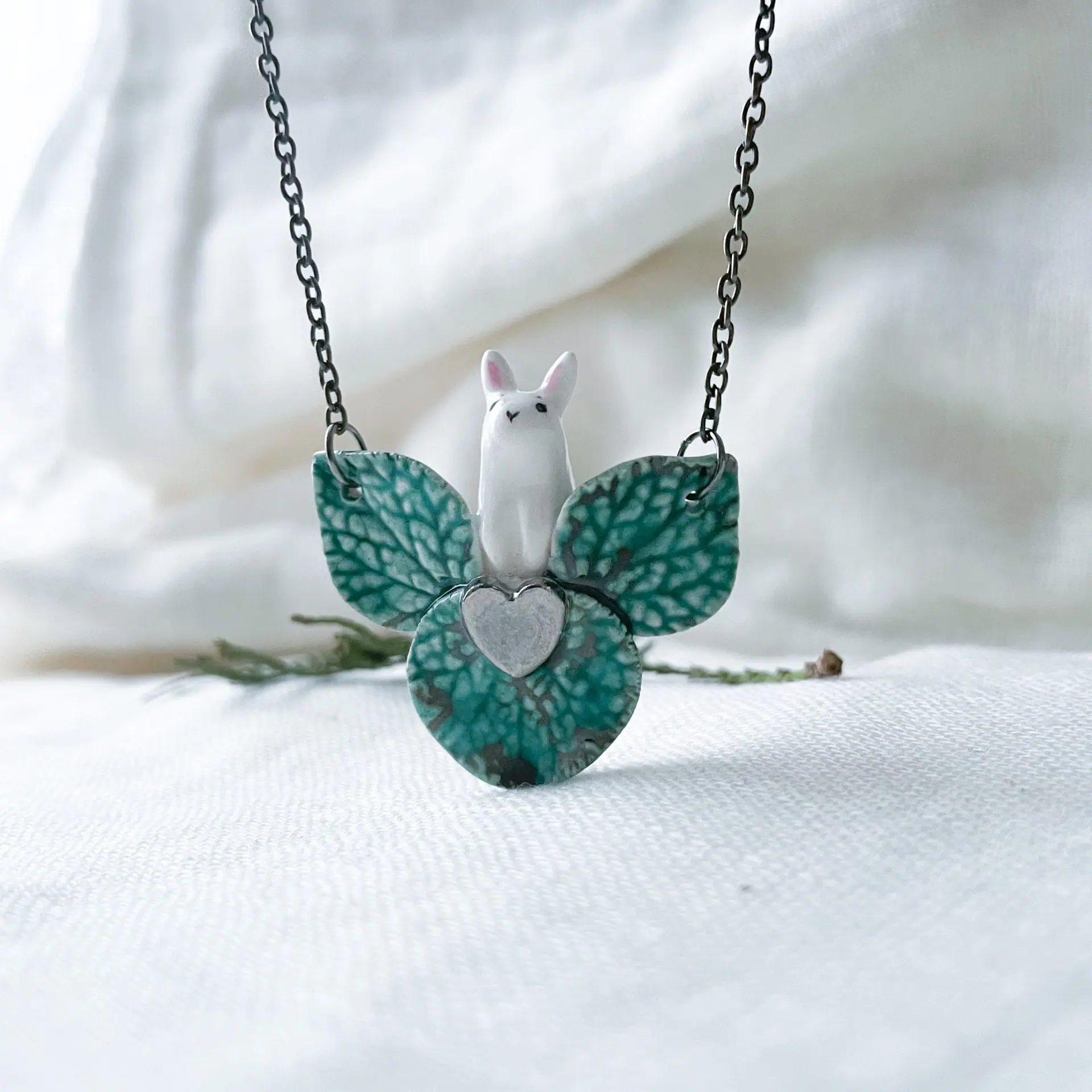 Cute ceramic Bunny and Leaves necklace Whimsical pendant 1 Cute ceramic Bunny and Leaves necklace Whimsical pendant