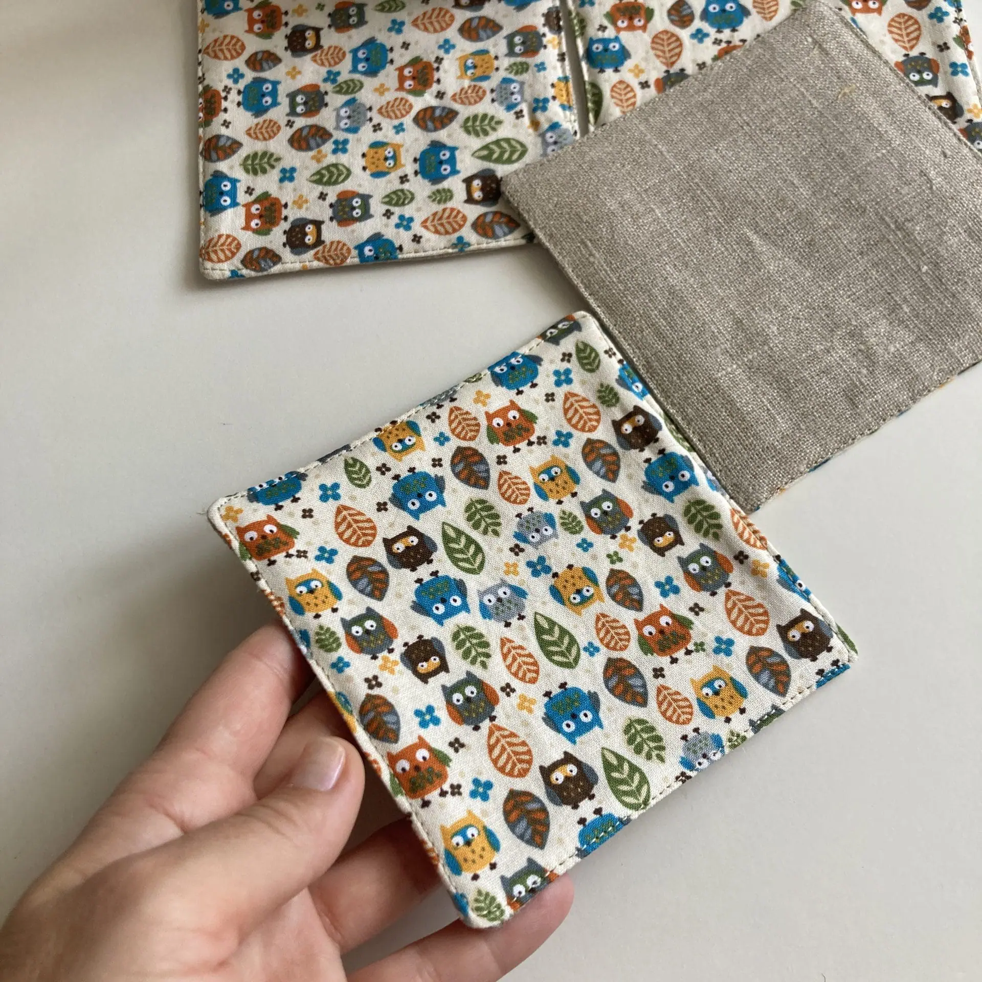 Owl coaster Set of 6 Linen-cotton coasters 11.5 x 11.5 cm