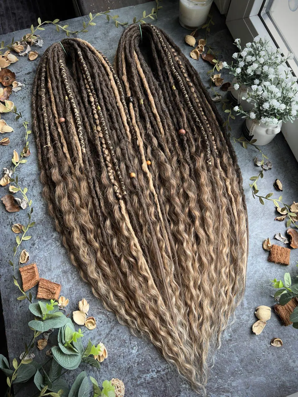 Light brown boho dreads and curls, the effect sun-bleached hairs 1 Light brown boho dreads and curls, the effect sun-bleached hairs
