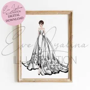 Fashion illustration of Audrey Hepburn in the gown from the movie "Sabrina". Instant digital download