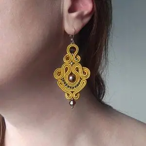 Golden Earrings, Long dangle earrings, soutache embroidery