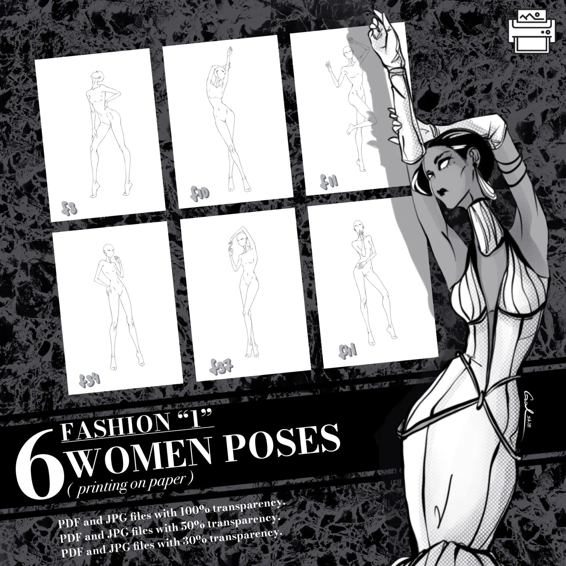 Templates, Body poses of female figure, set Fashion 1
