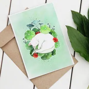 postcard with cute sleeping white cat and nasturtium plant