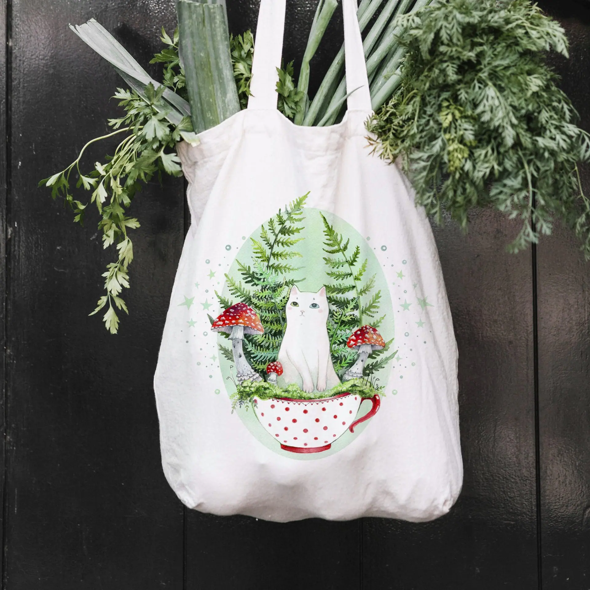 White cat in the tea cup cotton tote bag Eco Market Cat bag
