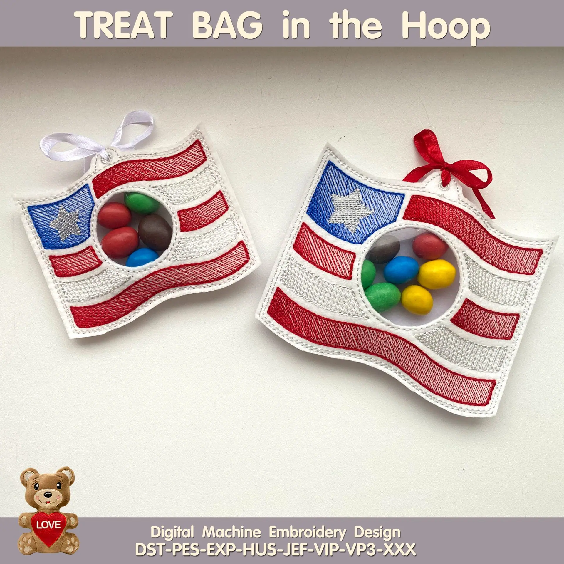 ITH USA Flag Peekaboo Treat Bag design for machine embroidery
