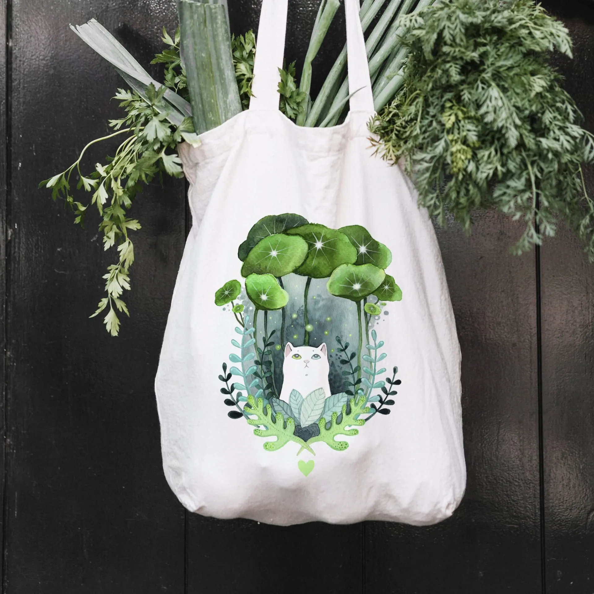 Cute cat and fireflies cotton tote bag Eco Market Cat bag 1 Cute cat and fireflies cotton tote bag Eco Market Cat bag