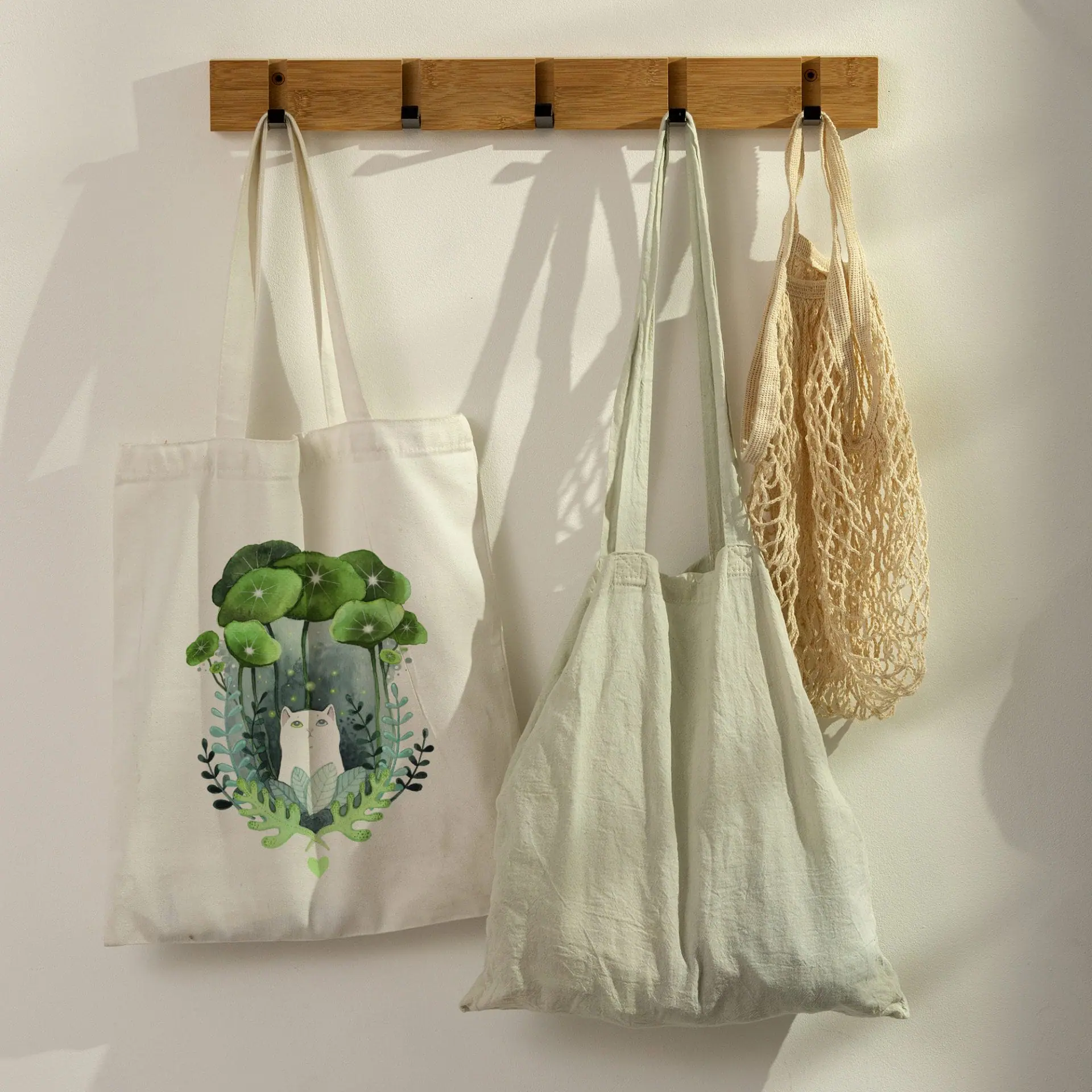 Cute cat and fireflies cotton tote bag Eco Market Cat bag 3 Cute cat and fireflies cotton tote bag Eco Market Cat bag - Image 3