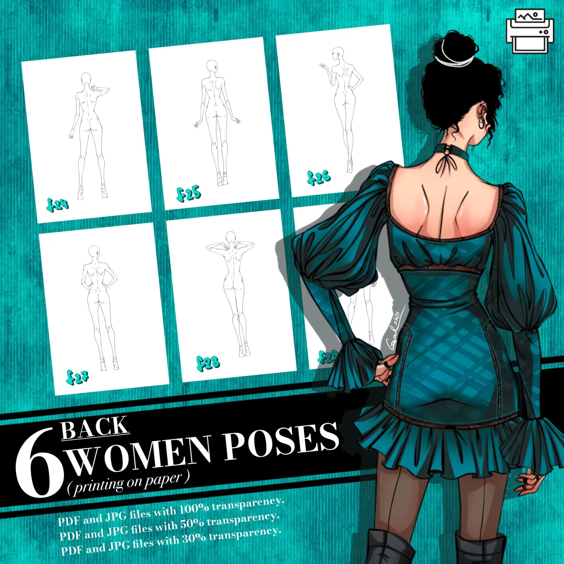 Templates, Body poses of female figure, set “Back”