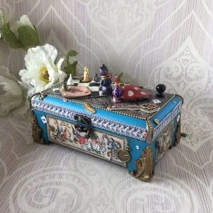 Decorative Wooden box-book based on "Alice in Wonderland" is suitable for two decks of solitaire cards or Tarot cards. It is convenient to store jewelry or small items in it.