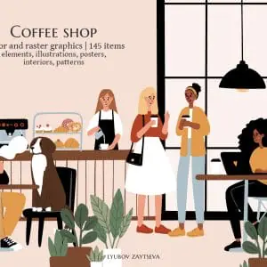 Dog Friendly Coffee Shop Scenes, People in cafe illustration