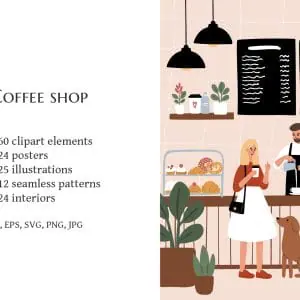 Dog Friendly Coffee Shop Scenes, People in cafe illustration