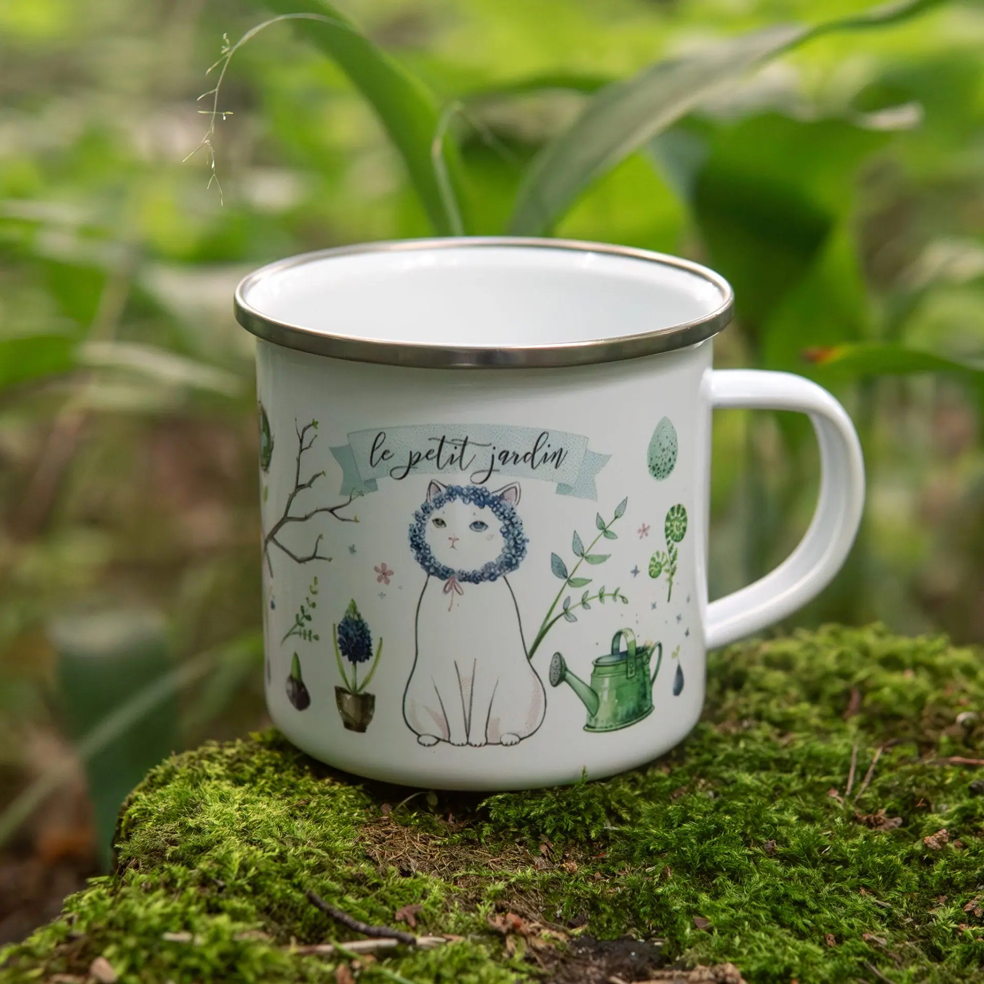 Charming Botanical Cat Enamel Camping Mug, Nature Lover's Gift 1 Cat Enamel Camping Mug with cat and plants