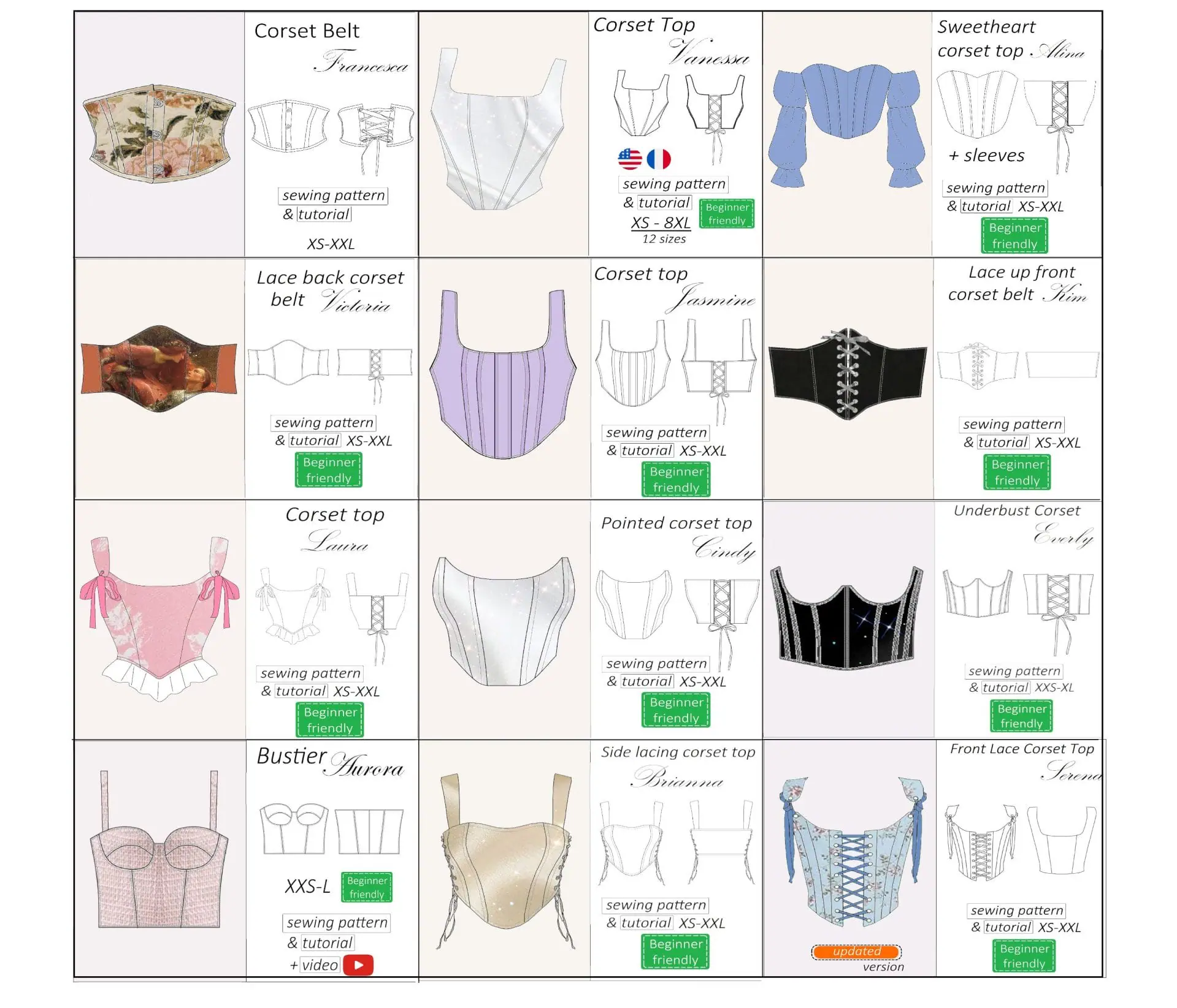 12 corset sewing patterns PDF pack + detailed tutorials - Crealandia