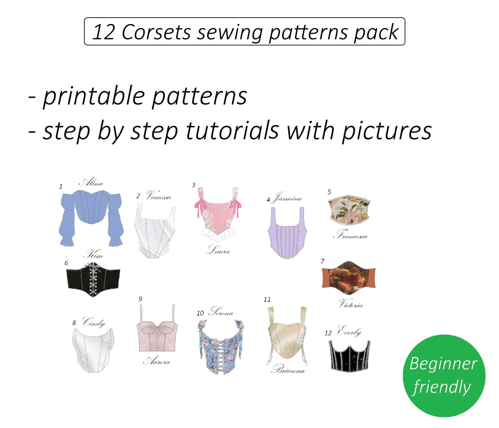 12 corset sewing patterns PDF pack + detailed tutorials 2 12 corset sewing patterns pack, bustier, corset top, with sleeves and more