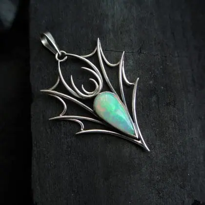 Opal necklace Sterling silver natural opal pendant Wire wrap Dragon necklace
