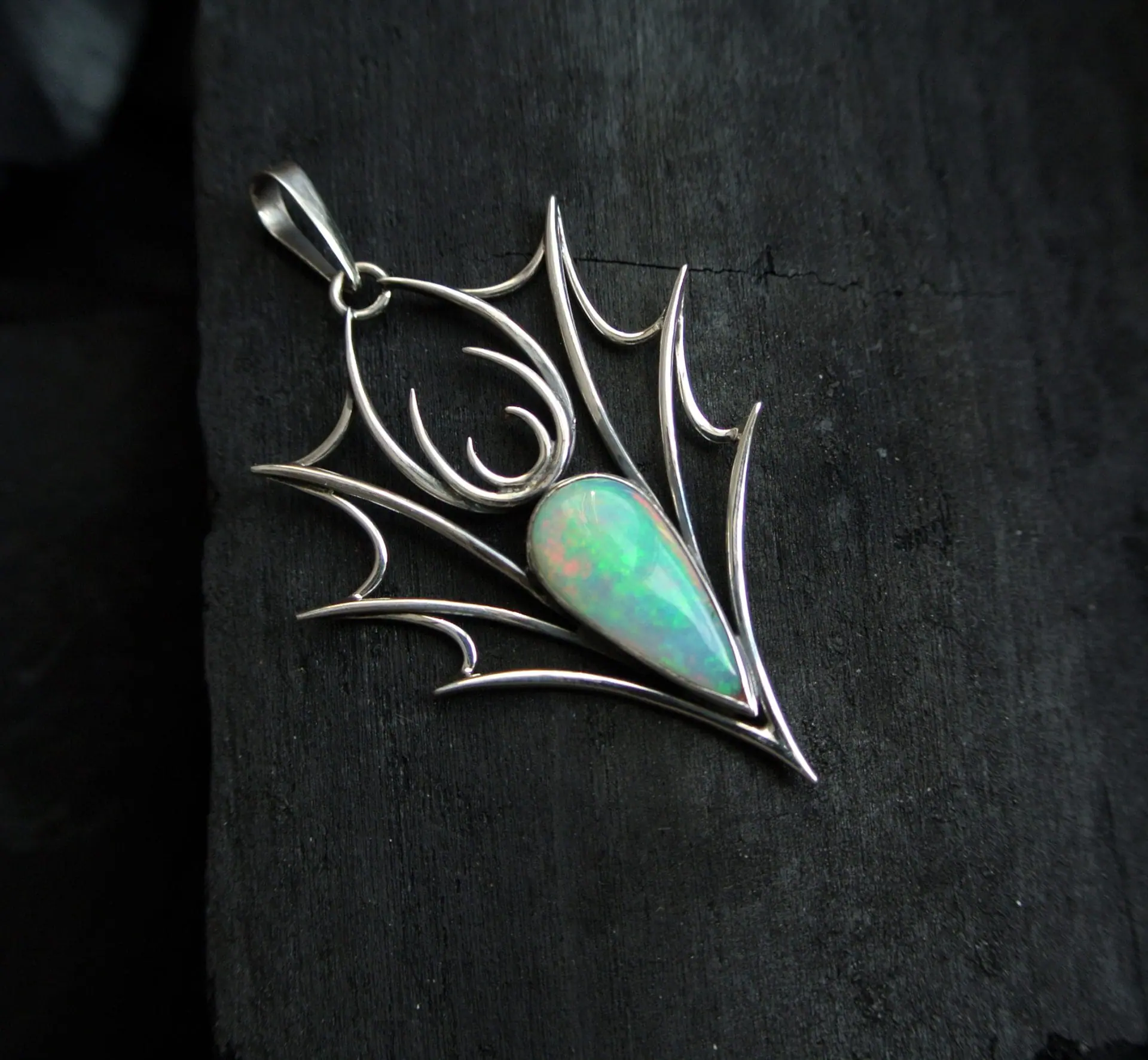 Opal necklace Sterling silver natural opal pendant Wire wrap Dragon necklace