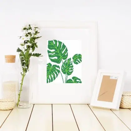 Monstera leaf cross stitch pattern PDF, Green tropical monstera pattern, Instant download