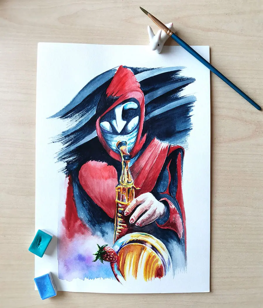 Musician of Half-life, saxophone, watercolor original painting