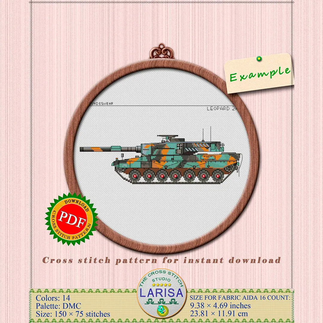Leopard 2 Tank Cross Stitch Pattern | Leopard 2 Main Battle Tank 3 Intricate Leopard 2 tank cross stitch design with Bundeswehr insignia and camouflage