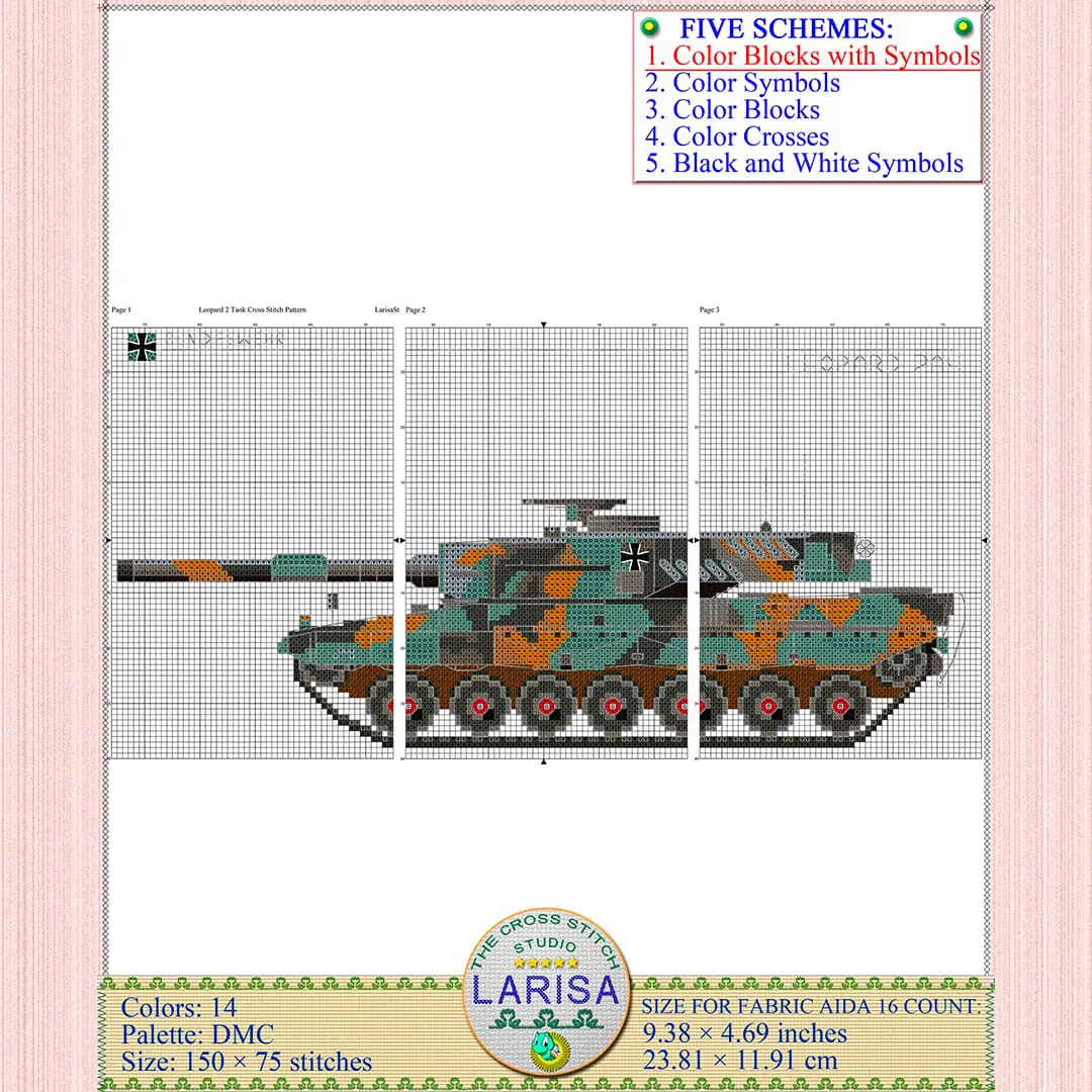 Leopard 2 Tank Cross Stitch Pattern | Leopard 2 Main Battle Tank 4 Detailed cross stitch pattern of the German Leopard 2A4 main battle tank
