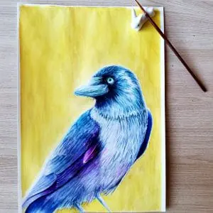 Jackdaw(crow) on Gold watercolor painting wall Decor original art