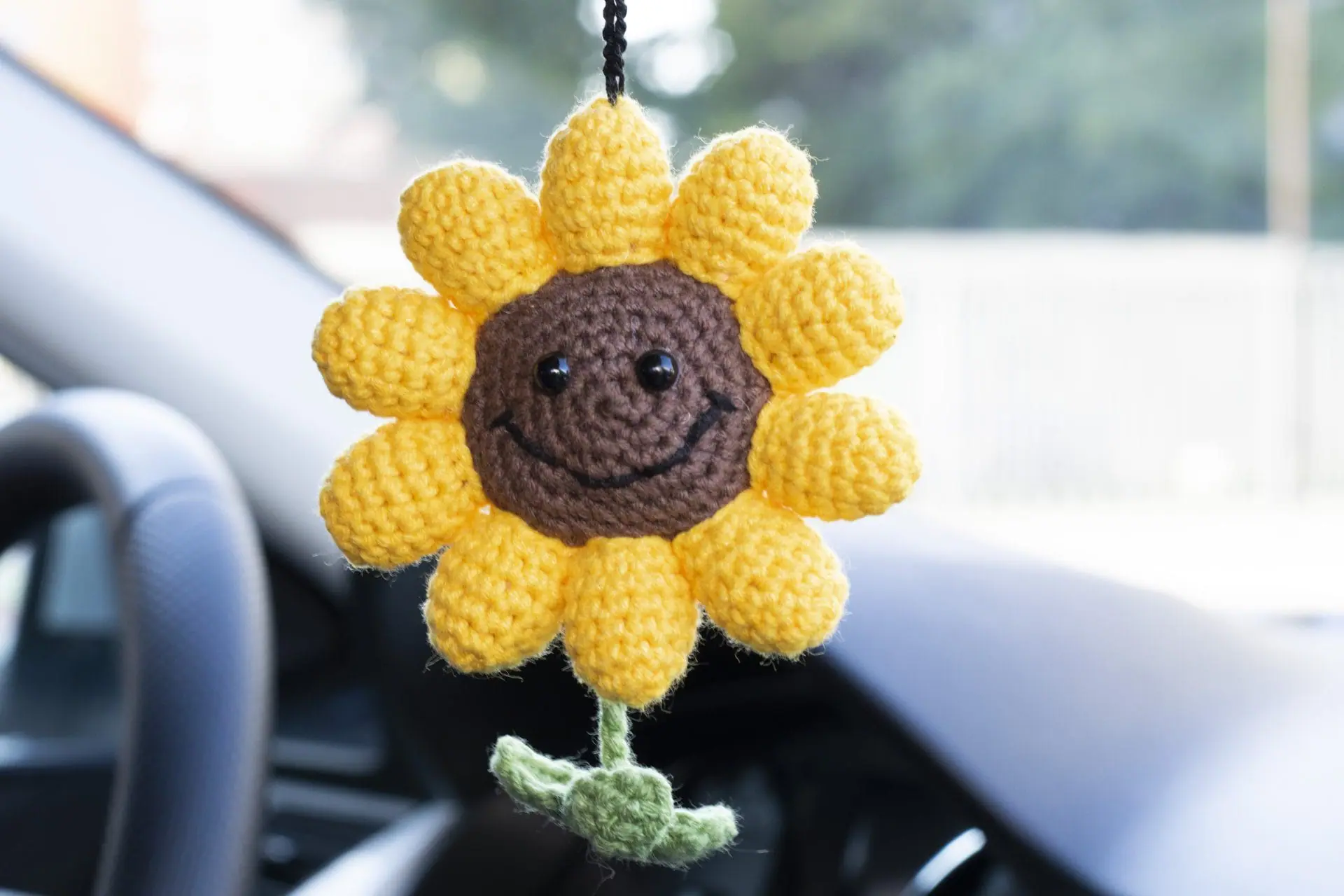 Crocheted sunflower charm car accessory on the rearview mirror 6 Crocheted sunflower charm car accessory on the rearview mirror - Image 6